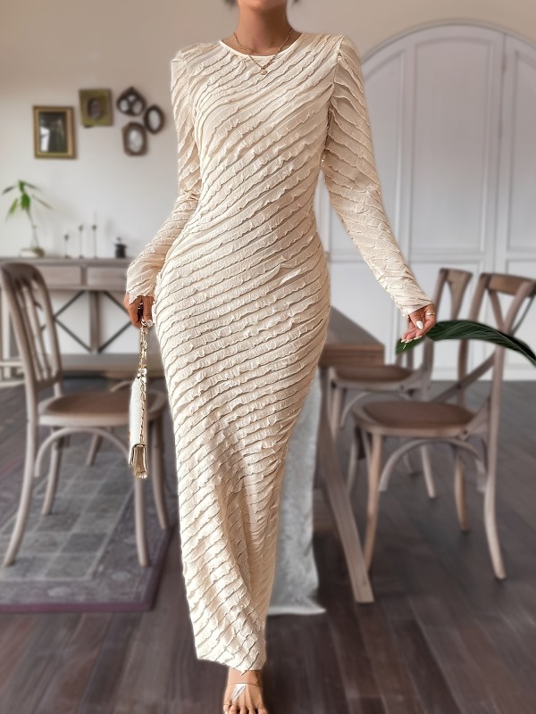 Crew Neck Solid Maxi Dress, Elegant Long Sleeve Bodycon Dress For Spring & Fall, Women's Clothing