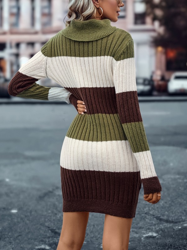 Color Block Striped Sweater Dress, Casual Turtleneck Long Sleeve Dress, Women's Clothing