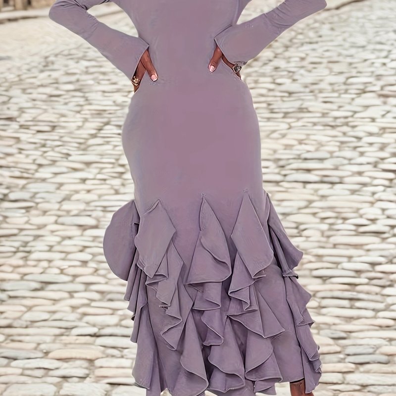 New Solid Color Multi-layer Ruffled Long Sleeve Cover Hip European and American Women's Dress