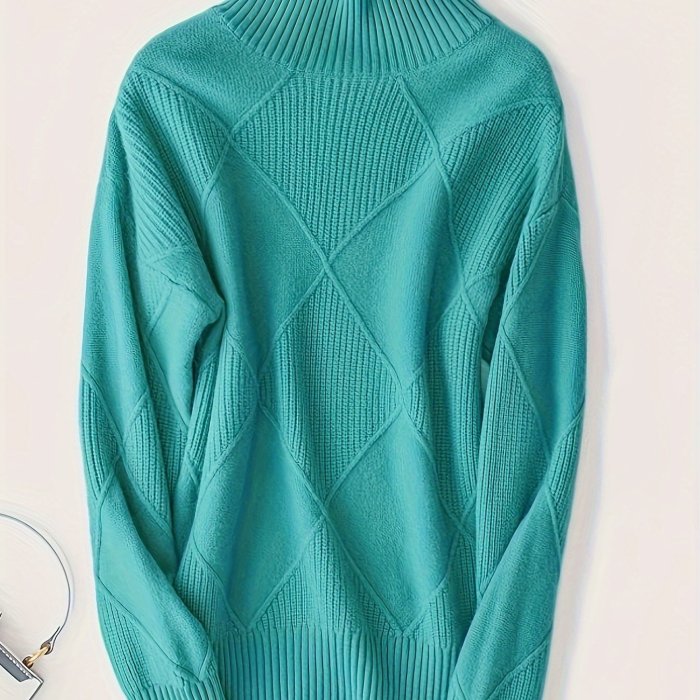 Plus Size Solid Color Knitted Sweater, Casual Turtleneck Long Sleeve Sweater For Fall & Winter, Women's Plus Size Clothing