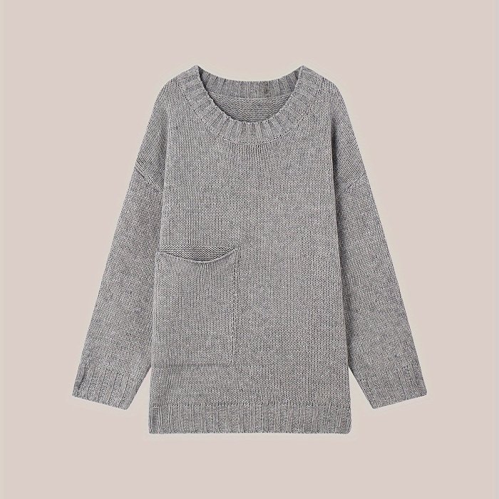 Plus Size Solid Pocket Sweater, Casual Long Sleeve Crew Neck Sweater For Fall & Winter, Women's Plus Size Clothing