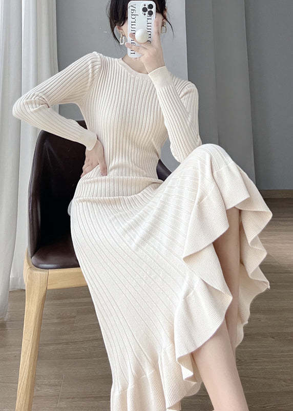 Women Apricot O Neck Ruffled Knit Long Sweater Dress Fall