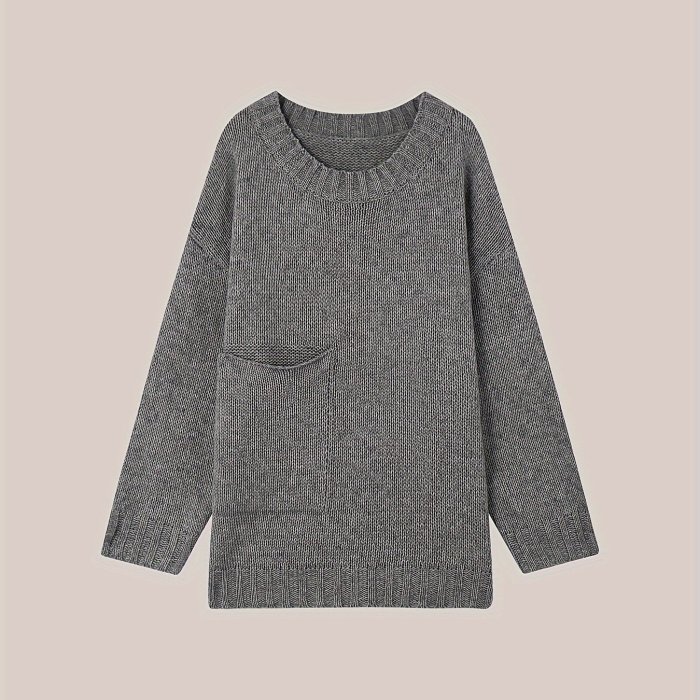 Plus Size Solid Pocket Sweater, Casual Long Sleeve Crew Neck Sweater For Fall & Winter, Women's Plus Size Clothing