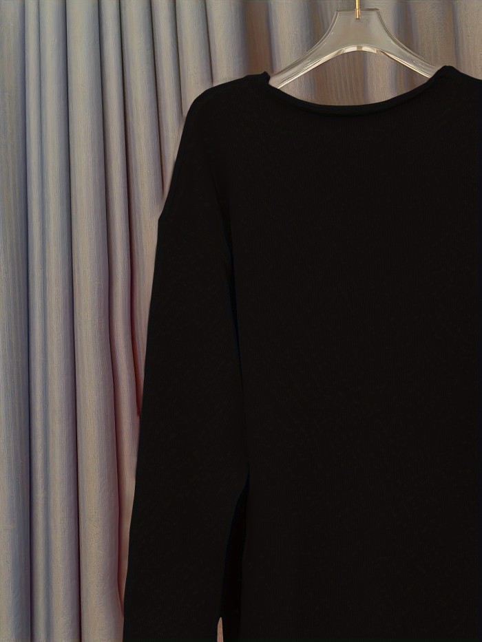 Letter Pattern V Neck Oversized Sweater, Casual Long Sleeve Rolled Trim Sweater, Women's Clothing