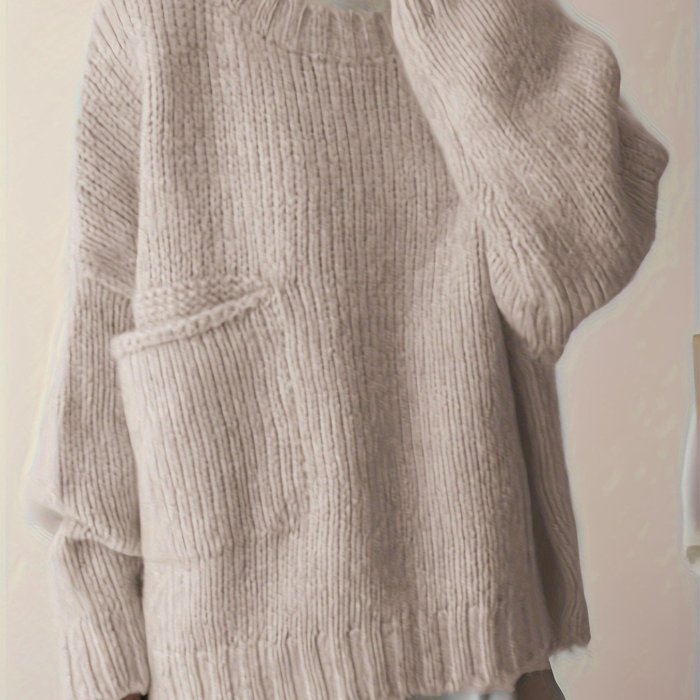Plus Size Solid Pocket Sweater, Casual Long Sleeve Crew Neck Sweater For Fall & Winter, Women's Plus Size Clothing