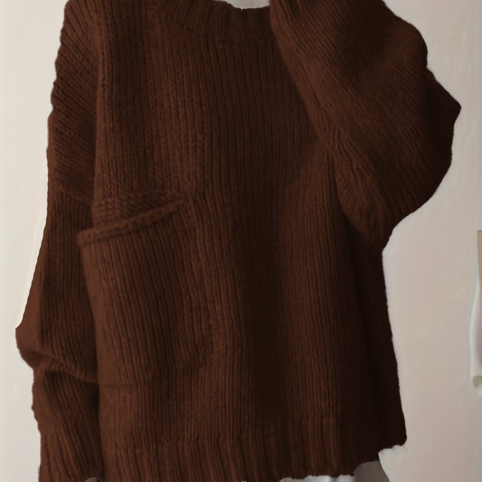 Plus Size Solid Pocket Sweater, Casual Long Sleeve Crew Neck Sweater For Fall & Winter, Women's Plus Size Clothing