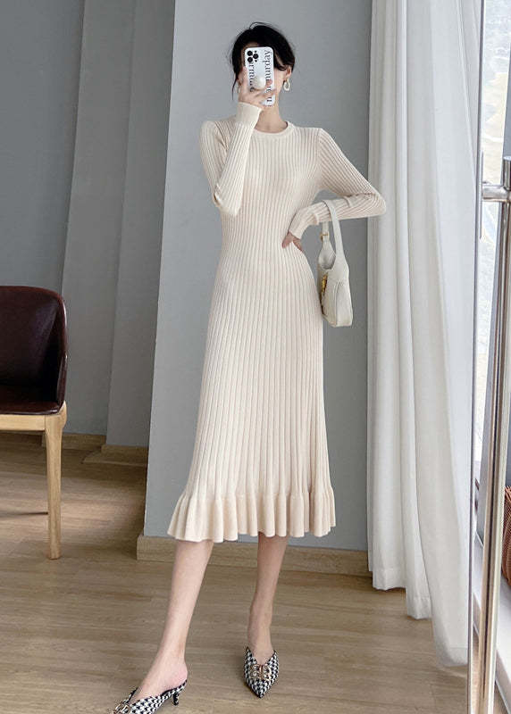 Women Apricot O Neck Ruffled Knit Long Sweater Dress Fall