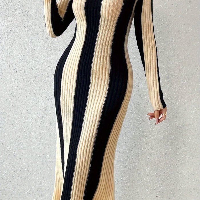 Elegant Striped Bodycon Dress | Fall\u002FWinter Chic Long Sleeve Color Block - Rib-Knit, Crew Neck, Warm Acrylic Blend