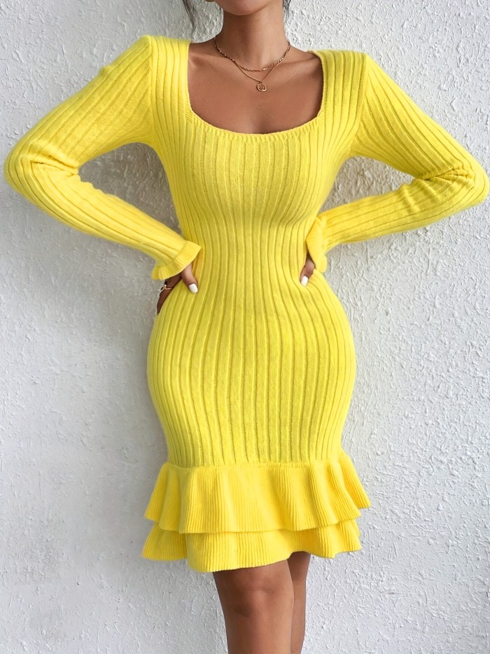 Ribbed Bodycon Ruffle Hem Knitted Sweater Dress, Elegant Long Sleeve Square Neck Dress, Women's Clothing