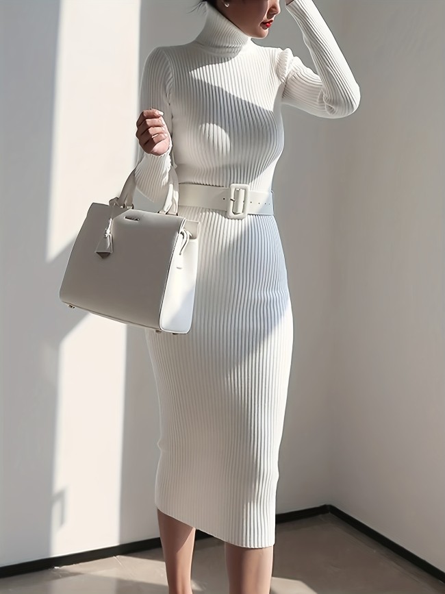 Solid Turtleneck Slim Dress, Elegant Long Sleeve Knitted Dress For Fall & Winter, Women's Clothing