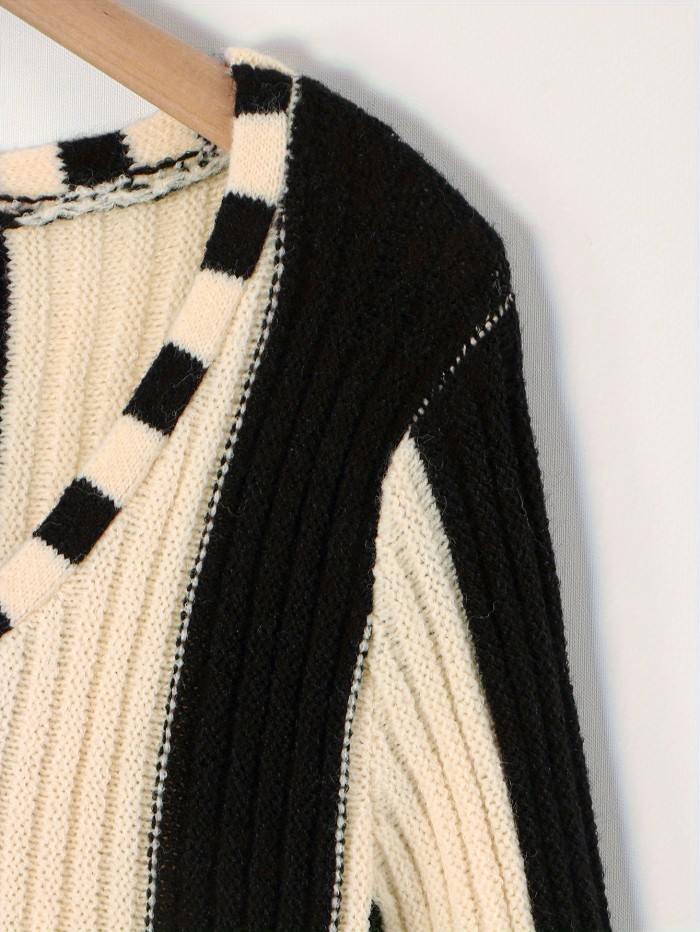 Elegant Striped Bodycon Dress | Fall\u002FWinter Chic Long Sleeve Color Block - Rib-Knit, Crew Neck, Warm Acrylic Blend