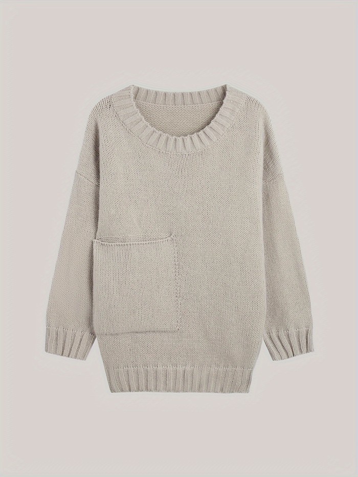 Plus Size Solid Pocket Sweater, Casual Long Sleeve Crew Neck Sweater For Fall & Winter, Women's Plus Size Clothing