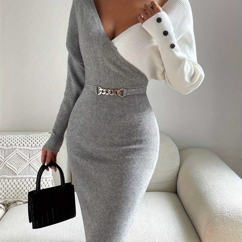 Color Block Deep V Neck Knitted Dress, Sexy Chain Waist Long Sleeve Midi Dress, Women's Clothing