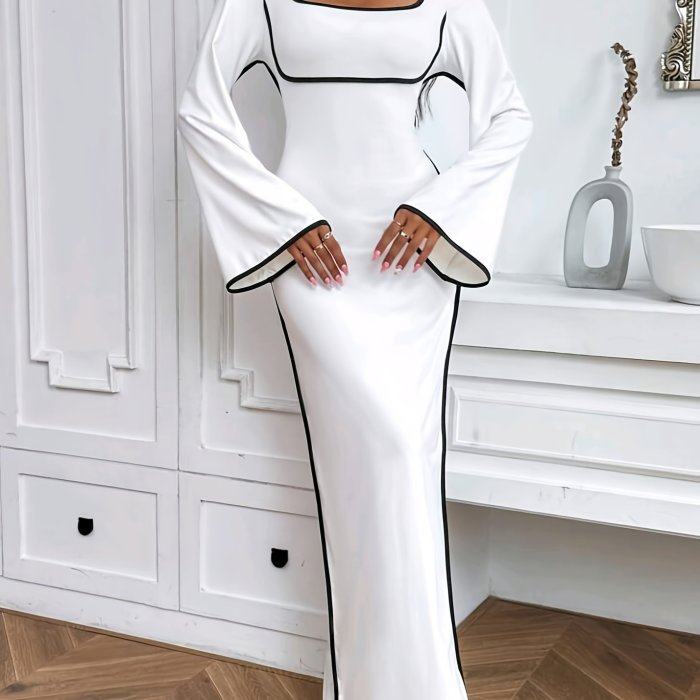 Elegant Bodycon Color Block Long Sleeve Dress with Square Neck and Split Hem - Mid Elasticity Polyester Knit Fabric, Perfect for Fall and Winter - Womens Clothing
