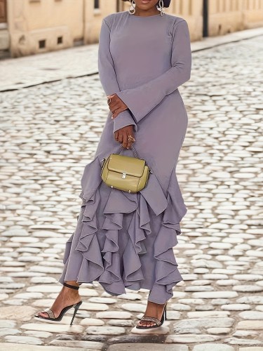 New Solid Color Multi-layer Ruffled Long Sleeve Cover Hip European and American Women's Dress
