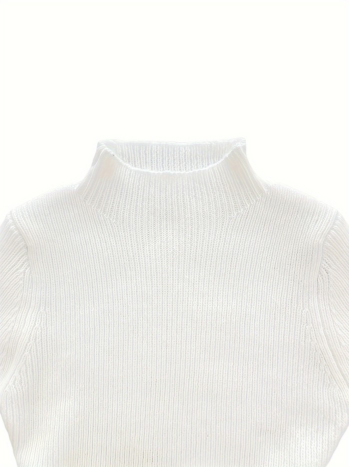 Cable Knit Solid Color Dress, Elegant Mock Neck Long Sleeve Slim Fit Dress For Spring & Fall, Women's Clothing