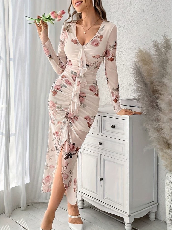 Floral Print Long Sleeve Mesh Dress, Elegant Deep V Neck Ruffle Trim Split Hem Ruched Dress, Women's Clothing