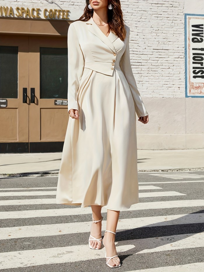 Stunning A-Line Surplice Neck Dress - Elegant Long Sleeve Dresses for Women - Spring & Fall Fashion, Button Front, Comfortable Wear for Various Occasions