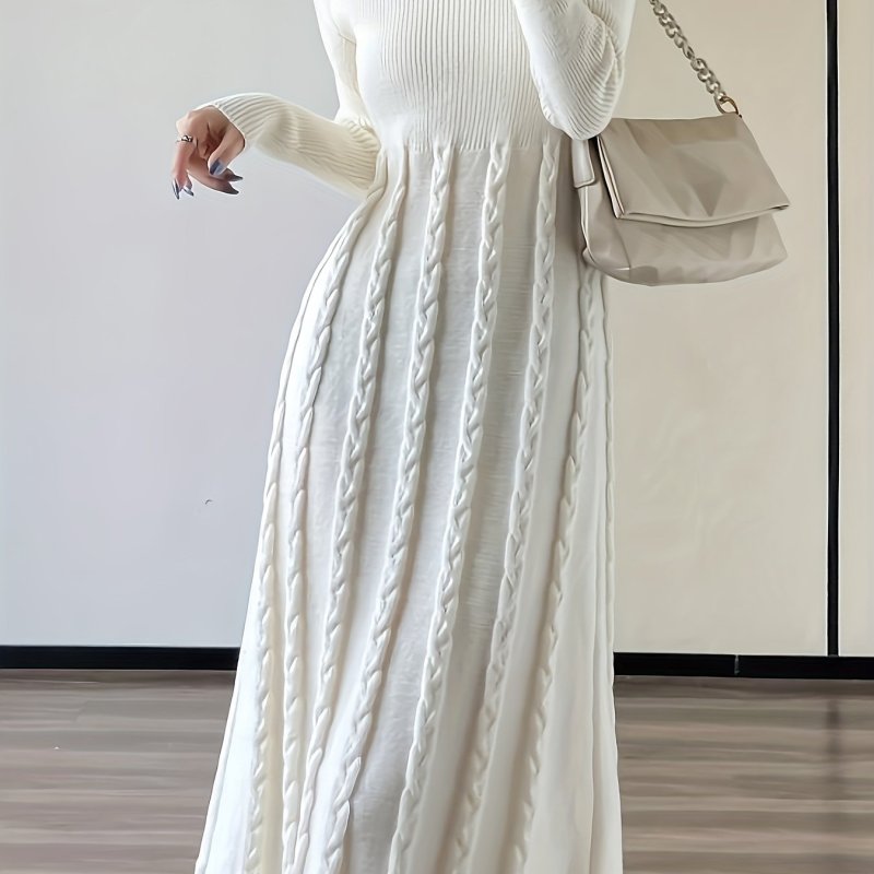 Cable Knit Solid Color Dress, Elegant Mock Neck Long Sleeve Slim Fit Dress For Spring & Fall, Women's Clothing