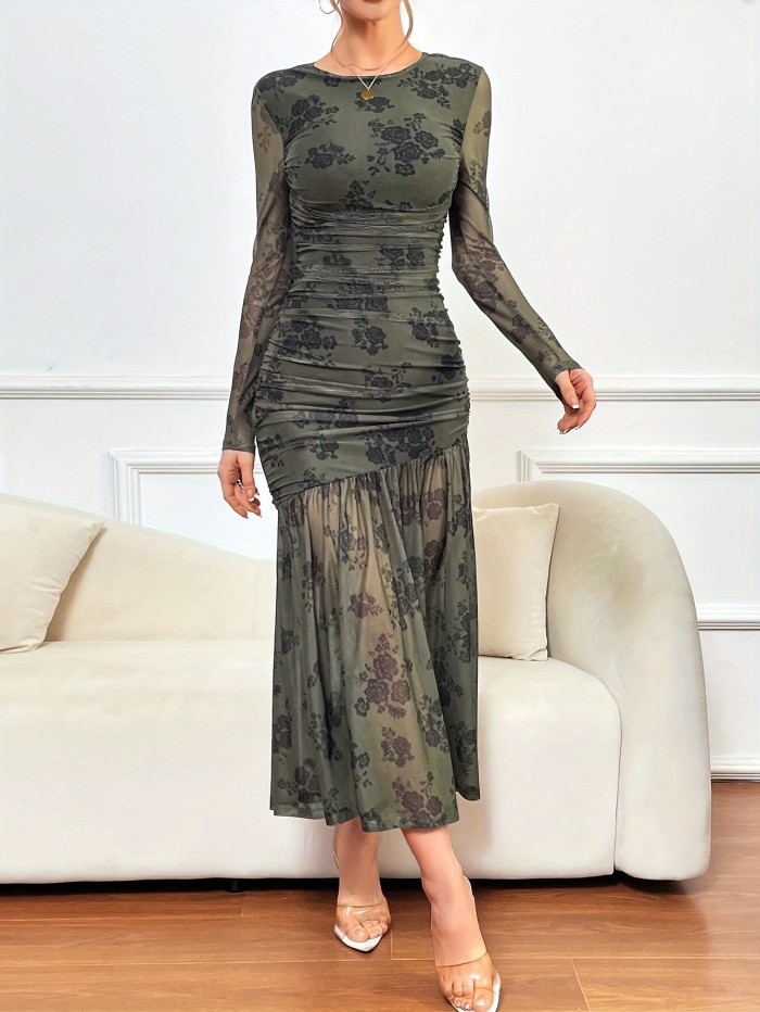 Chic Floral Ruffle Hem Dress - Elegant Crew Neck, Long Sleeve, Ruched, Slim Fit, Spring & Fall Essential, Women's Clothing for Everyday Wear