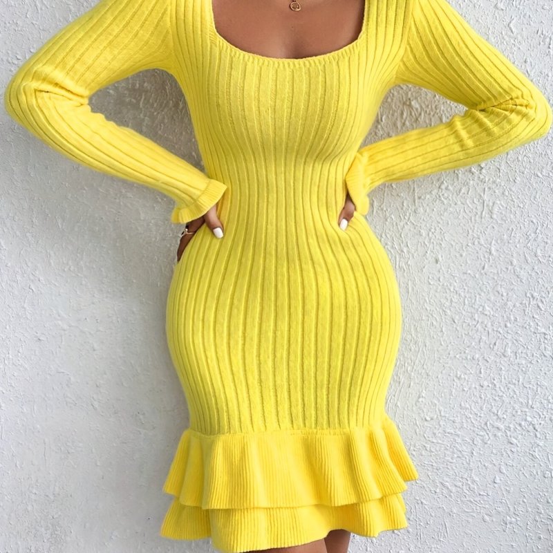 Ribbed Bodycon Ruffle Hem Knitted Sweater Dress, Elegant Long Sleeve Square Neck Dress, Women's Clothing