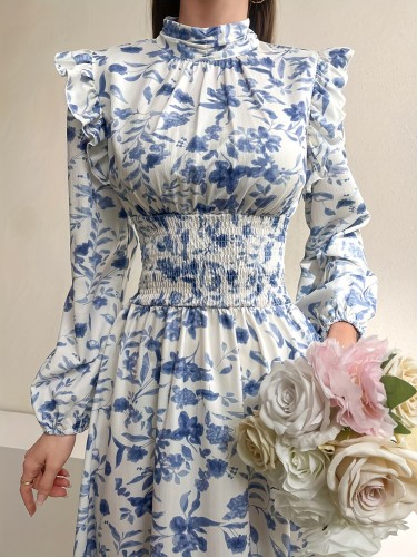 Stunning Floral Print A-Line Dress - Elegant Mock Neck, Ruffle Trim, Shirred Waist, Keyhole Design, Long Sleeve, Women's Clothing for Chic Occasions