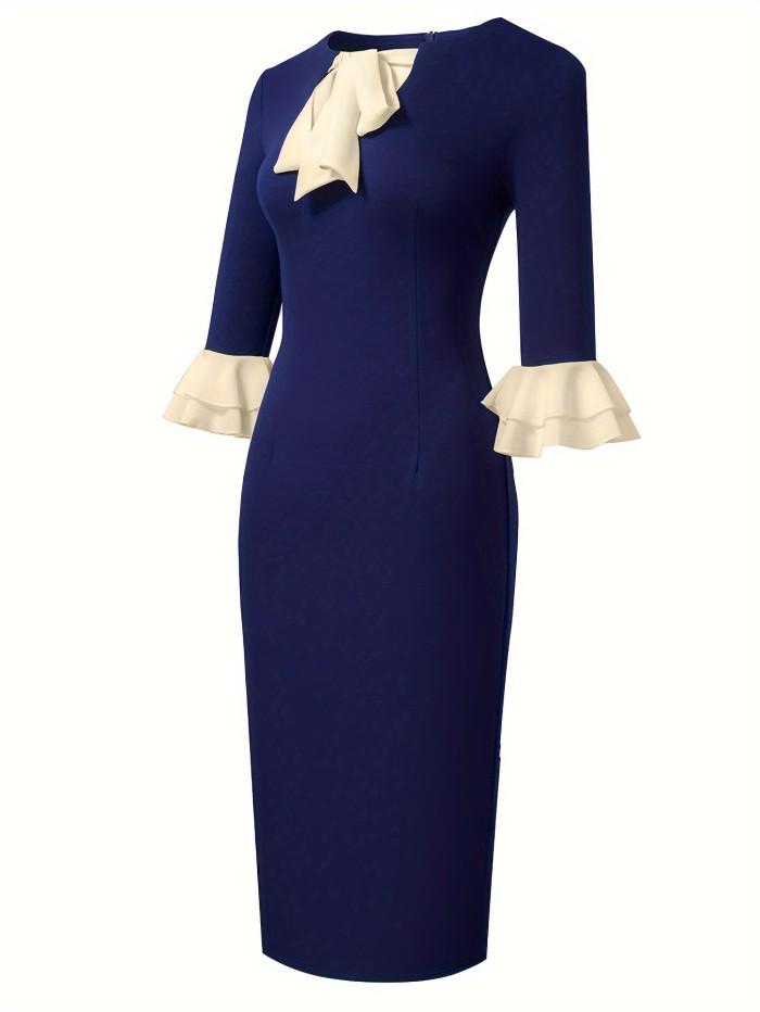 Elegant Crew Neck Tie Neck Bodycon Dress - Micro Elastic Viscose Fabric, Flare Sleeve, Solid Color, Machine Washable - Perfect for Office & Work, Womens Spring\u002FFall Clothing