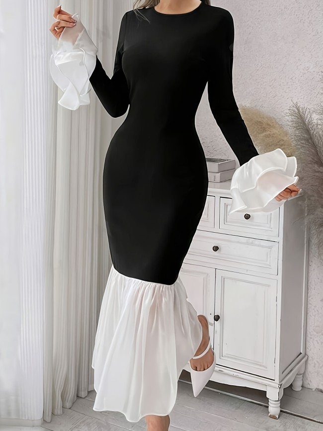 Vibrant Colorblock Splicing Bodycon Crew Neck Dress - Women's Elegant Long Sleeve Chic Dresses for Spring & Fall - Stylish, Comfortable, and Flattering Clothing for Women