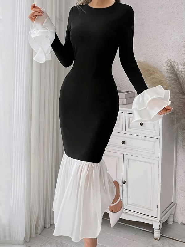 Vibrant Colorblock Splicing Bodycon Crew Neck Dress - Women's Elegant Long Sleeve Chic Dresses for Spring & Fall - Stylish, Comfortable, and Flattering Clothing for Women