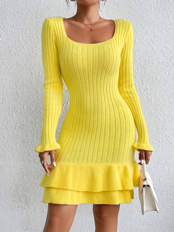 Ribbed Bodycon Ruffle Hem Knitted Sweater Dress, Elegant Long Sleeve Square Neck Dress, Women's Clothing