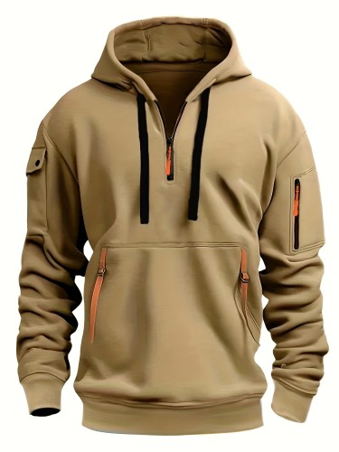 Men's Solid Color Hooded Long Sleeve Sweatshirt With Zippered Henley Neck, A Kangaroo Pocket And Fluorescent Color Drawstrings, Chic And Stylish Tops For Spring And Autumn Sports And Outdoors Wear