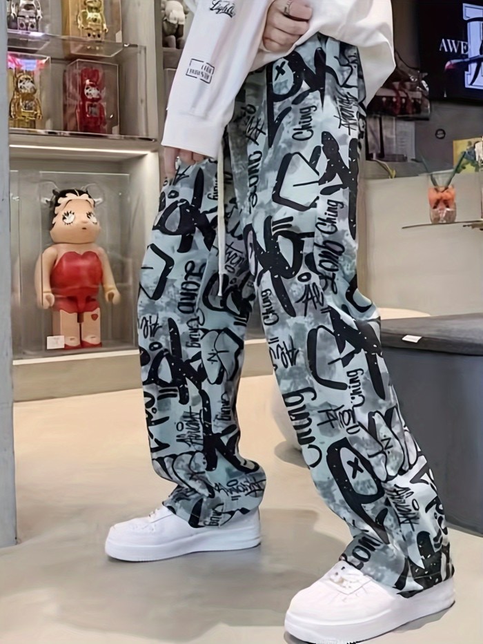 Stylish Comfort Fit Men's Casual Outdoor Pants - Elastic Waist, Straight Leg, Letter Print Design - Perfect for Leisure Activities and Outdoor Adventures