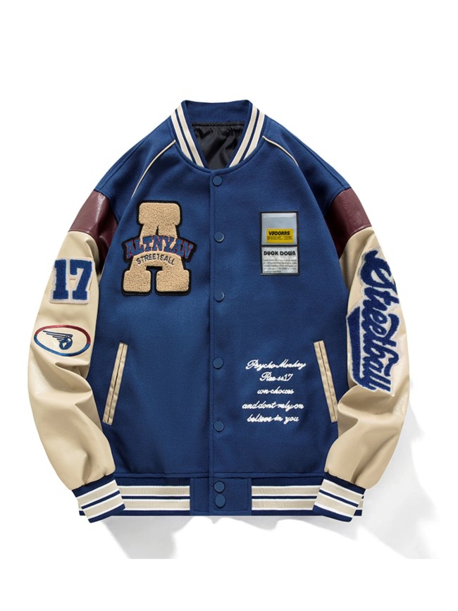 Loose Vintage Baseball Jacket With Embroidered Letters Print For Men, Color Block Sports Button Up Jacket With Pockets, Spring Fall Outdoor