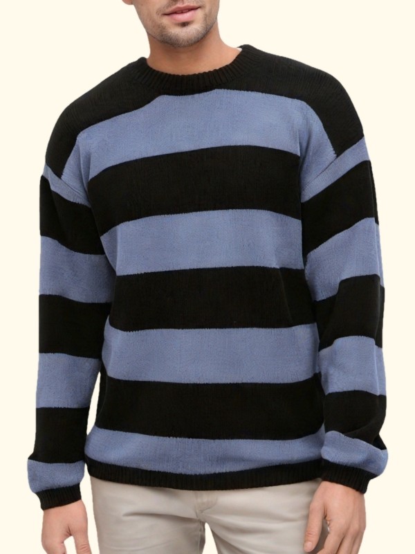 Preppy Retro Striped Pattern Knitted Sweater, Men's Casual Warm Slightly Stretch Crew Neck Pullover Sweater For Men Fall Winter, K-pop