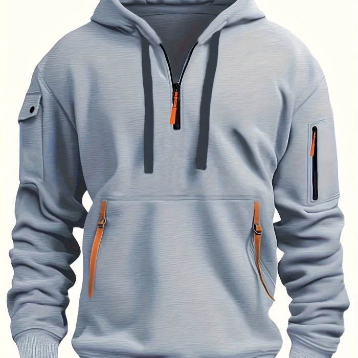 Men's Solid Color Hooded Long Sleeve Sweatshirt With Zippered Henley Neck, A Kangaroo Pocket And Fluorescent Color Drawstrings, Chic And Stylish Tops For Spring And Autumn Sports And Outdoors Wear