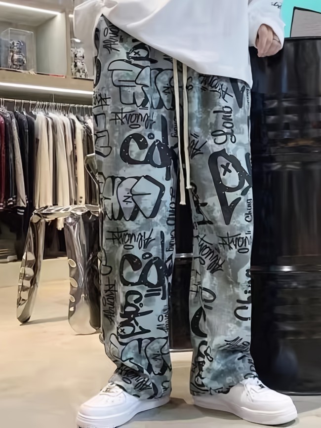 Stylish Comfort Fit Men's Casual Outdoor Pants - Elastic Waist, Straight Leg, Letter Print Design - Perfect for Leisure Activities and Outdoor Adventures