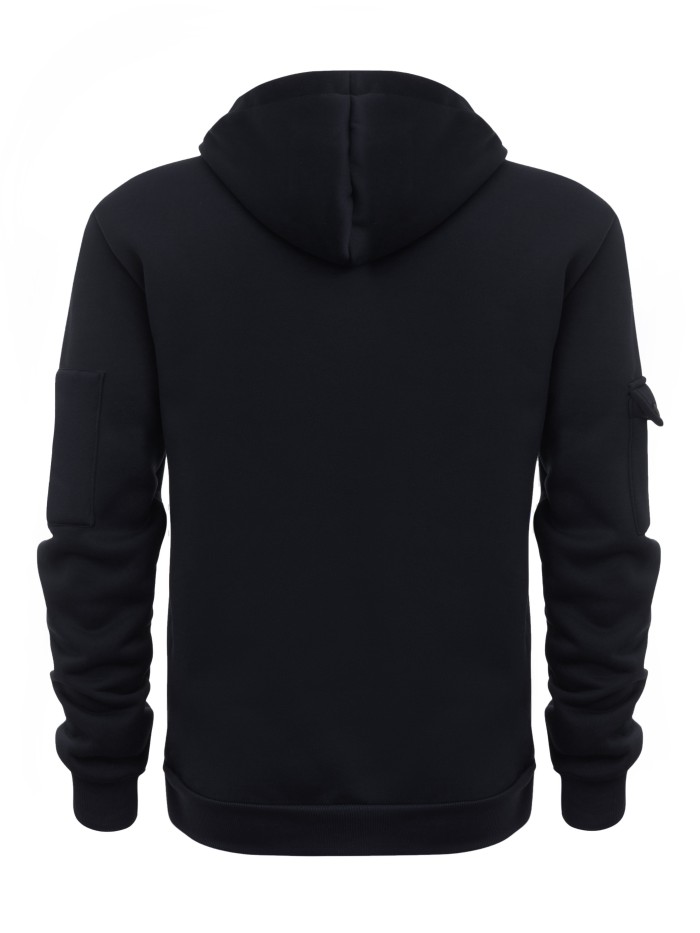 Men's Solid Color Hooded Long Sleeve Sweatshirt With Zippered Henley Neck, A Kangaroo Pocket And Fluorescent Color Drawstrings, Chic And Stylish Tops For Spring And Autumn Sports And Outdoors Wear