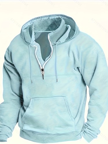 Simple Half Zip Hoodie With Kangaroo Pocket, Men's Casual Pullover Hooded Sweatshirt
