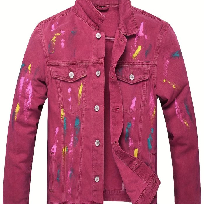 Men's 85% Cotton Multi-color Paint Pattern Denim Jacket, Casual Stylish Coat Spring And Autumn Outdoor Clothes