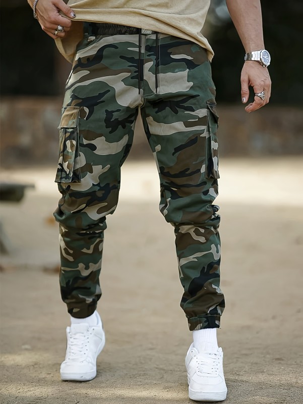 Cotton Trendy Camouflage Color Cargo Pants, Men's Camo Multi Flap Pocket Trousers, Loose Casual Outdoor Pants, Men's Work Pants, Streetwear Hip Hop Style