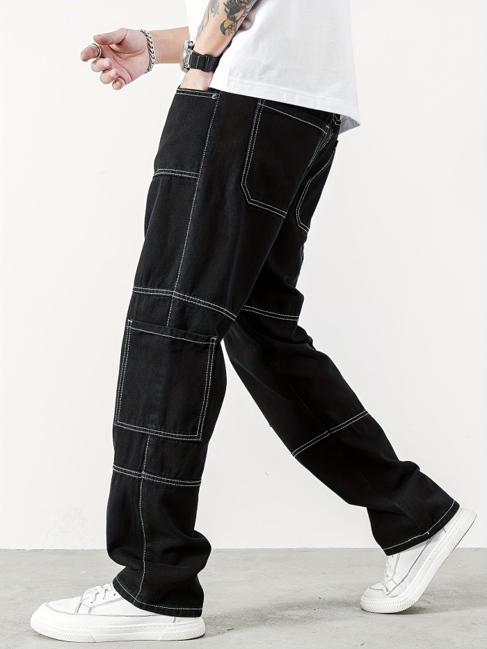 Mens Loose Fit Straight Leg Cargo Pants - Stylish, Comfortable, and Functional Outdoor Denim Pants with Multiple Pockets for K-Pop Fans and Trendy Individuals