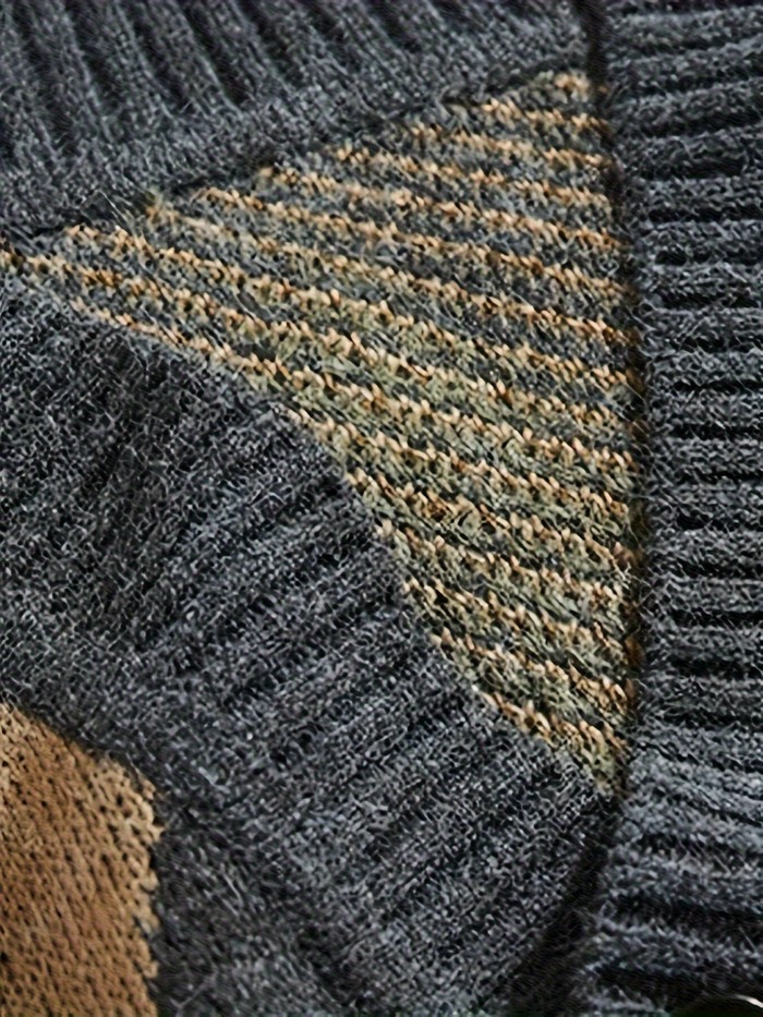 Classic Design Men's Spring And Autumn Ethnic Style Geometric Pattern V-neck Button Up And Long Sleeve Knit Cardigan, Varsity Style Tops For Daily Leisurewear