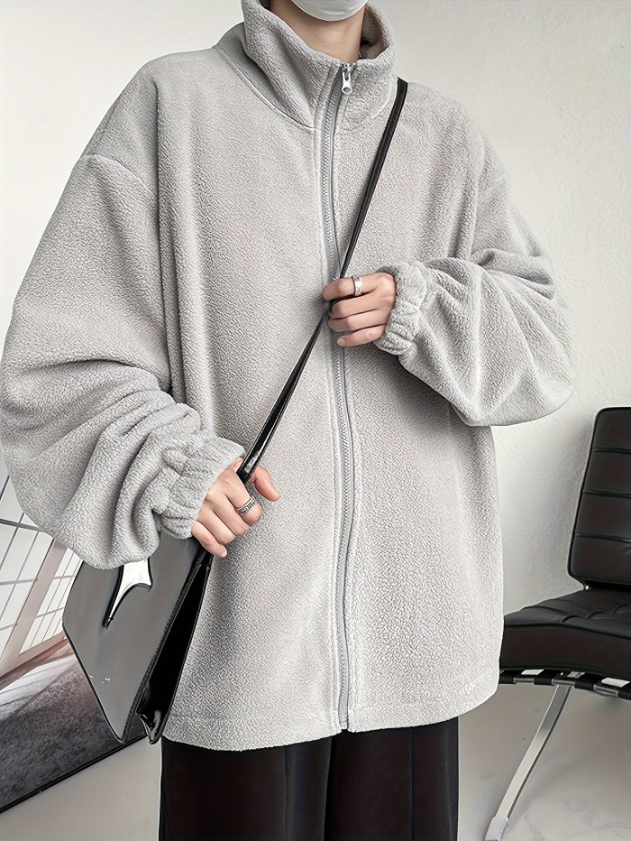 Men's Loose Solid Fleece Reversible Jacket, Casual Lapel Zip Up Long Sleeve Outwear For Spring Fall Outdoor