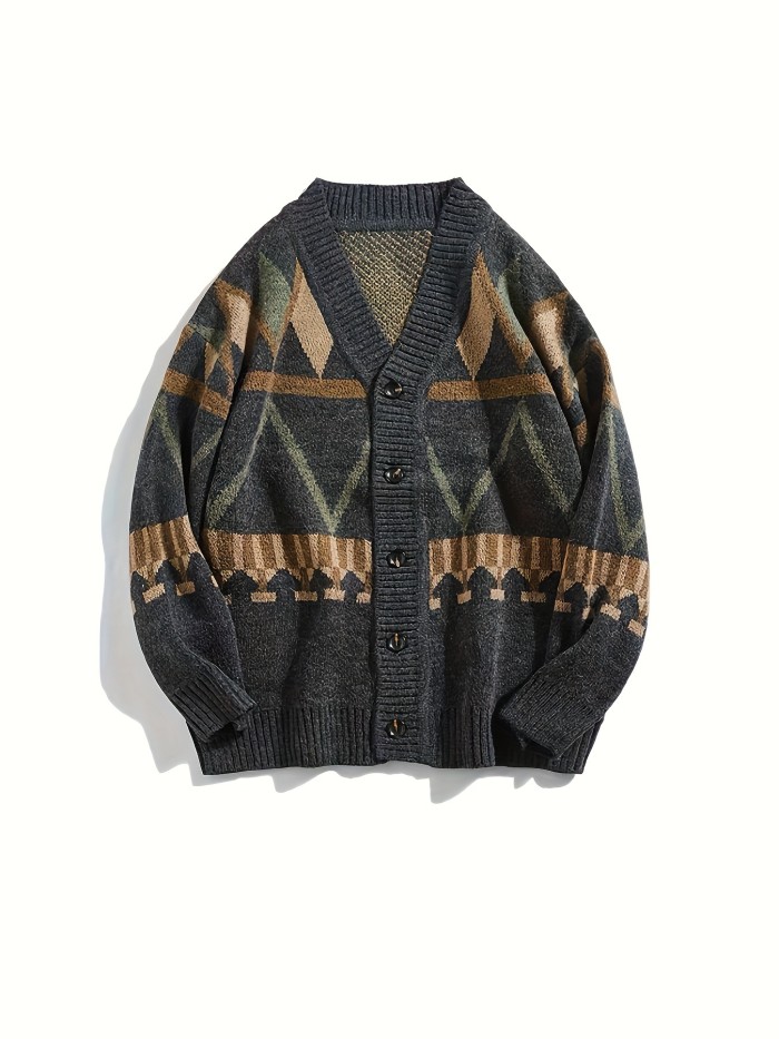 Classic Design Men's Spring And Autumn Ethnic Style Geometric Pattern V-neck Button Up And Long Sleeve Knit Cardigan, Varsity Style Tops For Daily Leisurewear