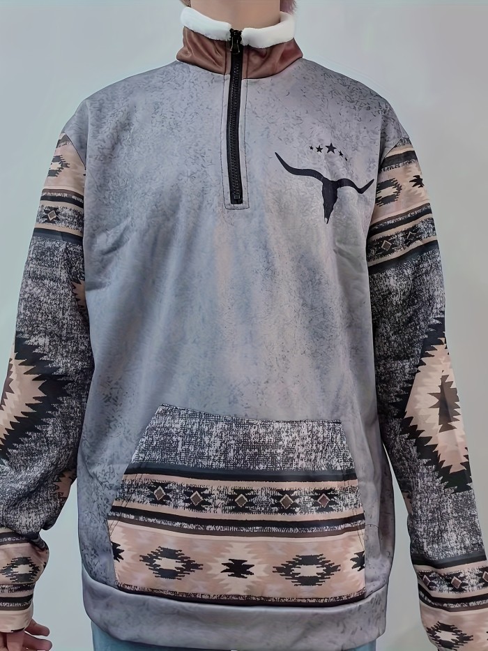 Men's Vintage Print Casual Long Sleeve 1\u002F4 Zip Cowboy Sweatshirt, Western Aztec Fleece Pullover Sweatshirt, Winter Fall