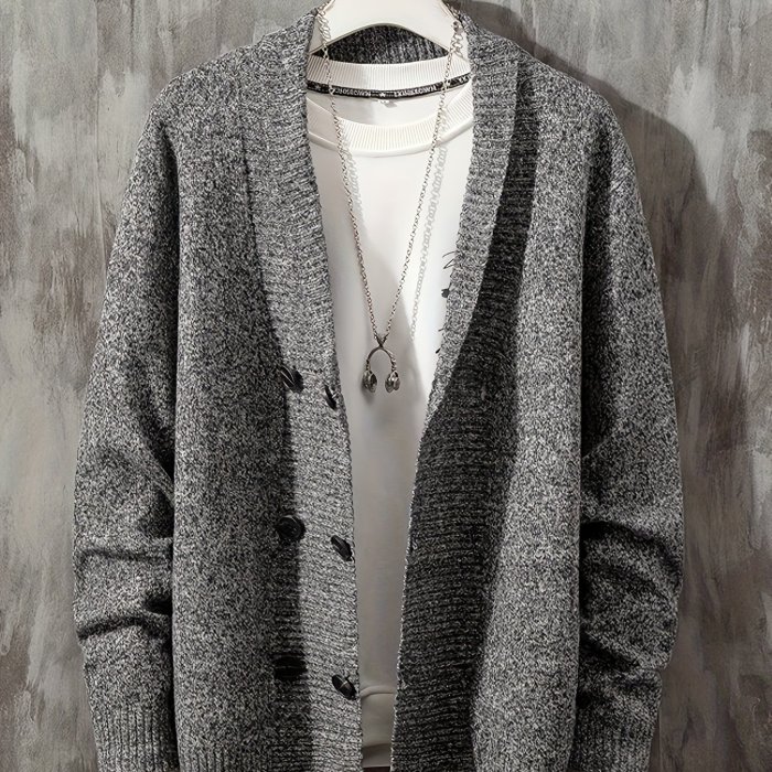 Men's Casual V-Neck Cardigan Polyester 100% Knit Sweater with Medium Stretch, Solid Color, Long Regular Sleeves, Button Detail - Fall\u002FWinter Collection