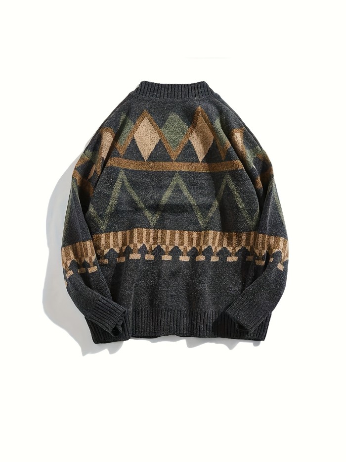 Classic Design Men's Spring And Autumn Ethnic Style Geometric Pattern V-neck Button Up And Long Sleeve Knit Cardigan, Varsity Style Tops For Daily Leisurewear