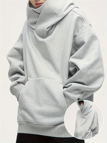 Men's Solid Oversize Hooded Turtle Neck And Long Sleeve Sweatshirt With Fleece And Drop Shoulder, Trendy And Fashionable Hoodie For Leisurewear