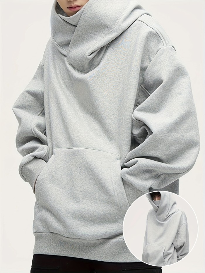 Men's Solid Oversize Hooded Turtle Neck And Long Sleeve Sweatshirt With Fleece And Drop Shoulder, Trendy And Fashionable Hoodie For Leisurewear