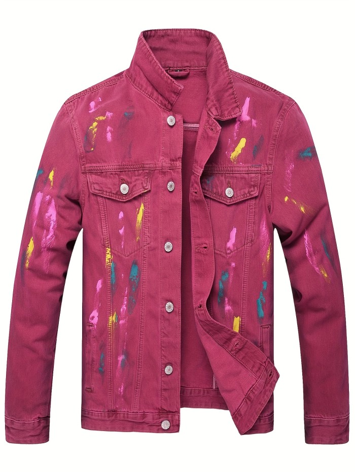Men's 85% Cotton Multi-color Paint Pattern Denim Jacket, Casual Stylish Coat Spring And Autumn Outdoor Clothes